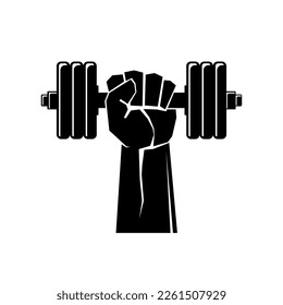 Hand holding dumbbell. Fist with dumbbell. Hand grasping dumbbell. Fitness logo design. Vector illustration.