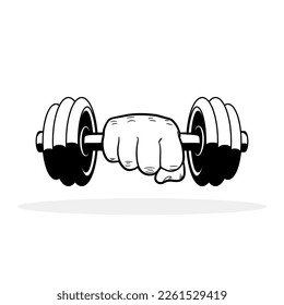 Hand holding dumbbell. Fist with dumbbell. Hand grasping dumbbell. Fitness logo design. Vector illustration.