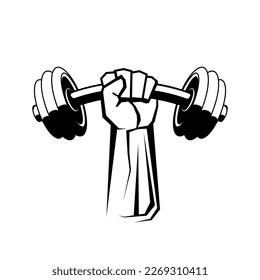 Hand holding dumbbell. Fist with dumbbell. Hand grasping dumbbell. Fitness logo design. Vector illustration.