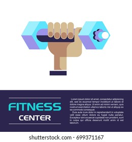 Hand holding a dumbbell. Fitness center. Vector illustration. Isolated on a white background.