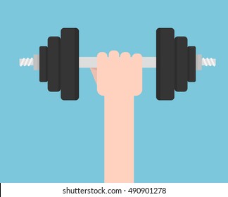 Hand holding dumbbell. Flat style