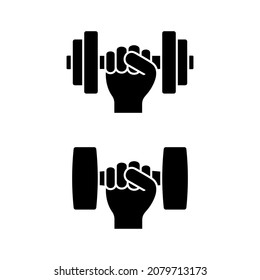 Hand holding dumbbell icon vector illustration set. Gym sport fitness equipment pictogram sign on white