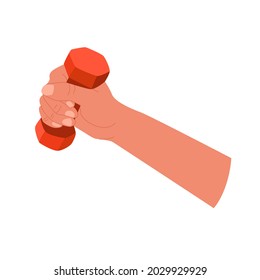 Hand holding a dumbbell, isolated on white background.