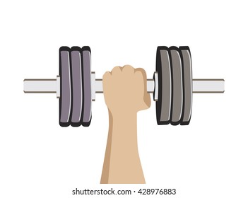 Hand holding dumbbell isolated on white background, Flat vector icon.