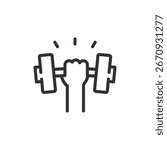 Hand holding dumbbell, linear icon. Strength, fitness, motivation, bodybuilding, and active lifestyle. Editable stroke.