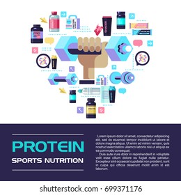 Hand holding a dumbbell. Set of design elements that are arranged in the shape of a heart. Protein, sports nutrition, water, shaker, dumbbell, energy drinks.