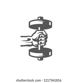 Hand holding dumbbell silhouette isolated on white background vector illustration. Vector fitness gym equipment graphics illustration.