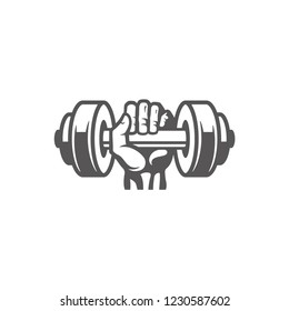 Hand holding dumbbell silhouette isolated on white background vector illustration. Vector fitness gym equipment graphics illustration.