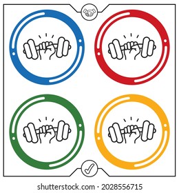 Hand holding dumbbell vector icon. With 4 different colored button options