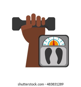 hand holding dumbbell and weight scale icon 