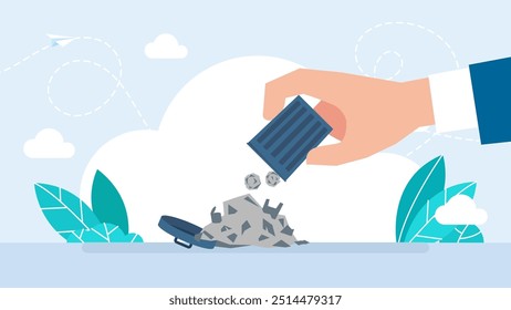 Mano que sostiene el cubo de basura con la basura. Un hombre vierte una pila de basura de un basurero. Tareas domésticas, ecología, concepto de contaminación. Ilustración vectorial plana. 