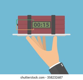 Hand holding dynamite sticks with a timer set at 15 seconds on a serving tray. Flat style