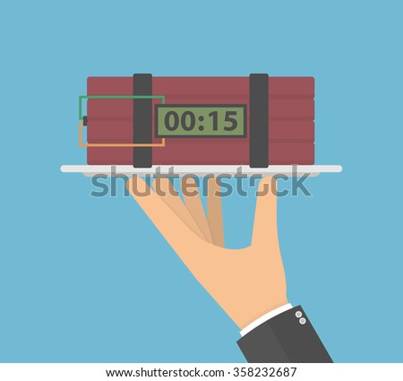 Hand holding dynamite sticks with a timer set at 15 seconds on a serving tray. Flat style
