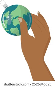 Hand Holding Earth Christmas Ornament. lobe-shaped Christmas ornament, symbolizing global environmental responsibility and unity during the holiday season. Eco-friendly christmas. Green holiday vector