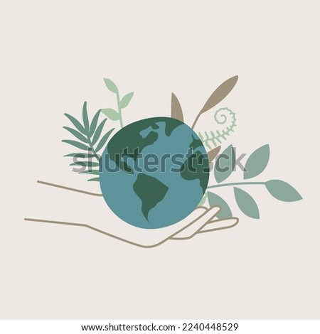 Hand holding the earth ,Earthday concept in earth tone color vector hand draw with green leaf.