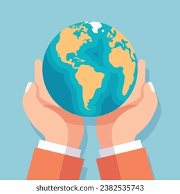 Hand holding earth flat design. environmental vector illustration.