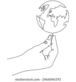 Mano sosteniendo globo terrestre línea continua dibujada. Guardar del concepto Planeta. Ilustración vectorial aislada en blanco.