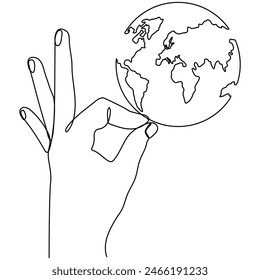 Mano sosteniendo globo terrestre línea continua dibujada. Guardar del concepto Planeta. Ilustración vectorial aislada en blanco.