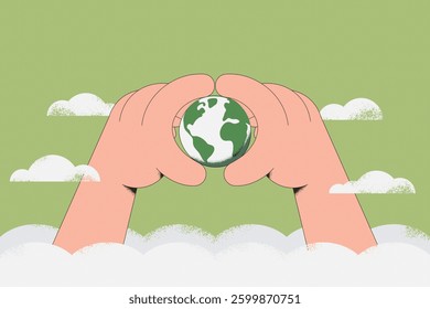 Hand holding Earth Globe. Earth Day. The concept of sustainable development for business, ecology and environment protection. Flat vector illustration.