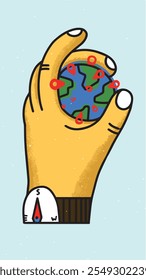 Hand holding an Earth globe, with the fingers forming a sphere around it, Illustration of geolocation, logistics