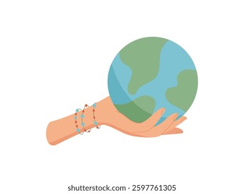 Hand holding earth globe. Human character with a globe in palm. Concept of saving the planet, cartoon graphic style, ideal for environmental awareness and educational materials.