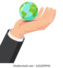 Hand holding Earth globe on white background vector illustration, Cartoon style, baner, poster, illustration, vector