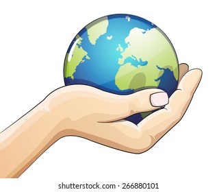 Hand holding the earth globe on white background. Saving the earth concept.  Earth Day illustration.