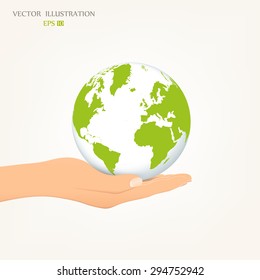 Hand holding the earth globe on white background. Saving the earth concept. Earth Day. Vector illustration modern template design