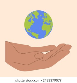 Hand holding Earth globe poster, banner. Save the planet, protect the Earth, environment problems, saving nature together concept. Earth Day vector logo, icon illustration