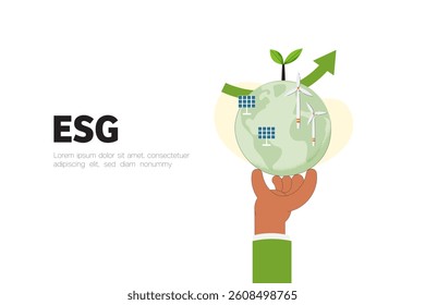 Hand holding Earth globe with solar panel and Wind turbine. Green Energy, ESG concept. Sustainable ecology and environment conservation concept design. Vector illustration.