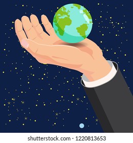 Hand holding Earth globe in space vector illustration, Cartoon style, baner, poster, illustration, vector
