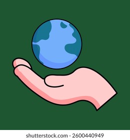 Hand holding Earth globe, symbolizing environmental care, sustainability, and global responsibility in a minimal flat vector illustration for Earth Day and conservation.