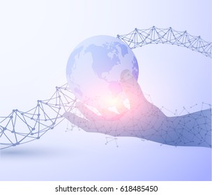 Hand holding Earth globe with technology structure shape vector background