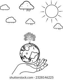 hand holding the earth globe with tree, sun, rain, clouds, black line art or doodle planet, hand drawing  ecology and environment of save world environment day concept