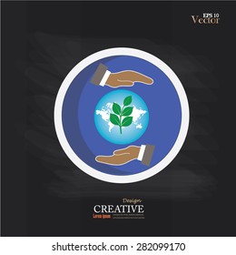 hand holding a earth globe and tree on chalkboard.vector illustration.