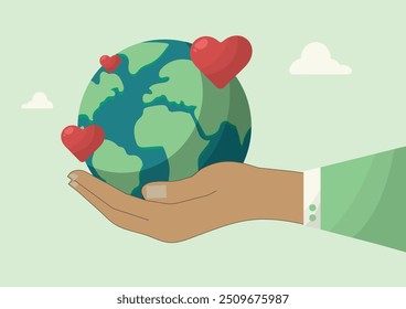 Mão Segurando a Terra com Corações Flutuando. Ilustração do conceito de amor ambiental. Cuidado e amor pelo planeta. Trate nosso ambiente com gentileza e respeito. Ilustração de Proteger o planeta