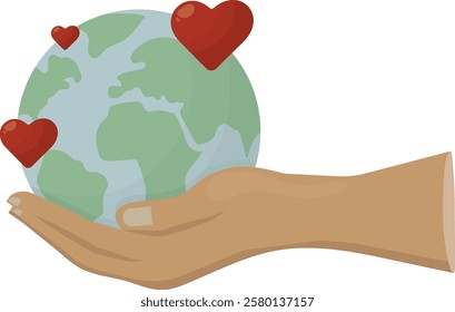 Hand Holding Earth with Hearts isolated on transparent background. Global Love Illustration. Global love, unity, and environmental care. Earth day concept. Sustainable development. Vector illustration