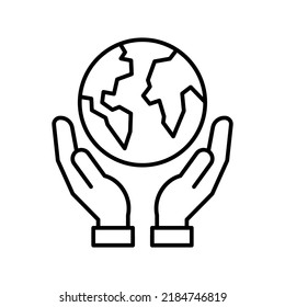 Hand holding earth icon, Save the world concept, Social responsibility environmental for nature, Line design, Vector illustration