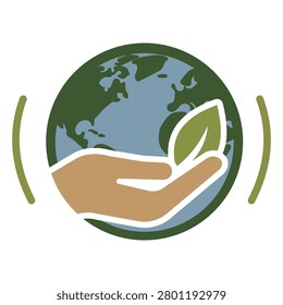 Hand holding earth and leaf icon in flat style, environmental concept