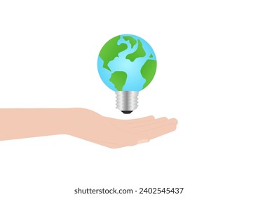 Hand Holding Earth Light Bulb. Save the World, Electricity and Energy. Green Energy or Renewable Energy. Eco- Friendly Concept. 