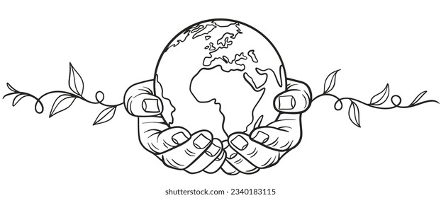 Hand holding the earth line art Vector illustration, environment element Design