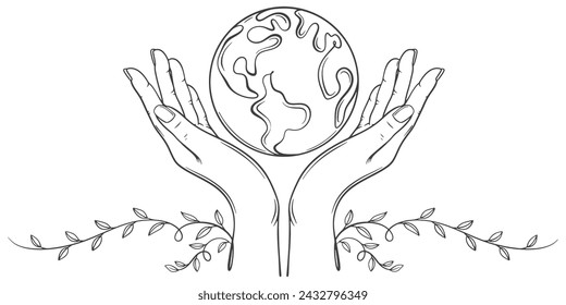 Hand holding earth line art style vector illustration, environment theme illustration vector eps