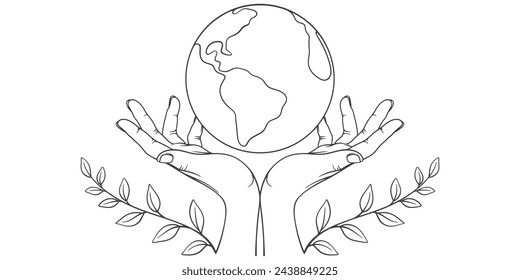 Hand holding earth line art style vector illustration, environment theme illustration vector eps