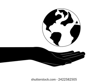 Hand Holding Earth Logo Symbol. Save the World. Save Energy. Eco Friendly and Green Energy Concept.
