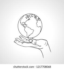 Hand holding the Earth. Palm hold the globe. Environment concept. Hand drawn sketch vector illustration