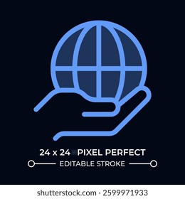 Hand holding earth planet dark color ui icon. Taking care of global ecology. Environment protection program. Vector colorful symbol isolated on black. User interface element, pixel perfect