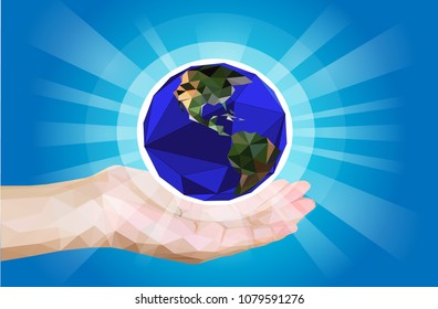 hand holding earth planet future, innovation ideal for saving people and earth planet, business concept for technology, polygon, low poly effect, vector art and illustration.
