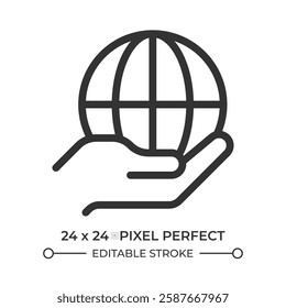 Hand holding earth planet line ui icon. Taking care of global ecology. Environment protection program. Isolated vector outline symbol. Webdesign user interface element linear, pixel perfect