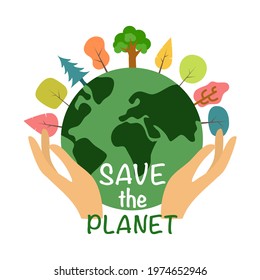 Hand holding earth planet with trees growing in flat design. Save the planet concept. Save our environment.