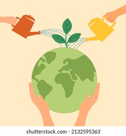 Hand holding earth planet with watering growing plant in flat design. Save the planet concept. Save our environment.